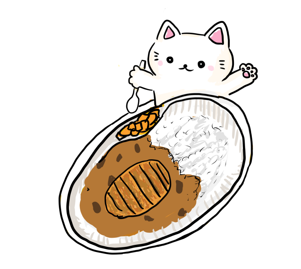 体より大きい大盛りのカレーを食べるねこ